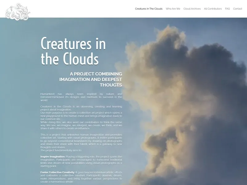 Home page of the Creatures in the Clouds website built by Radar WFP
